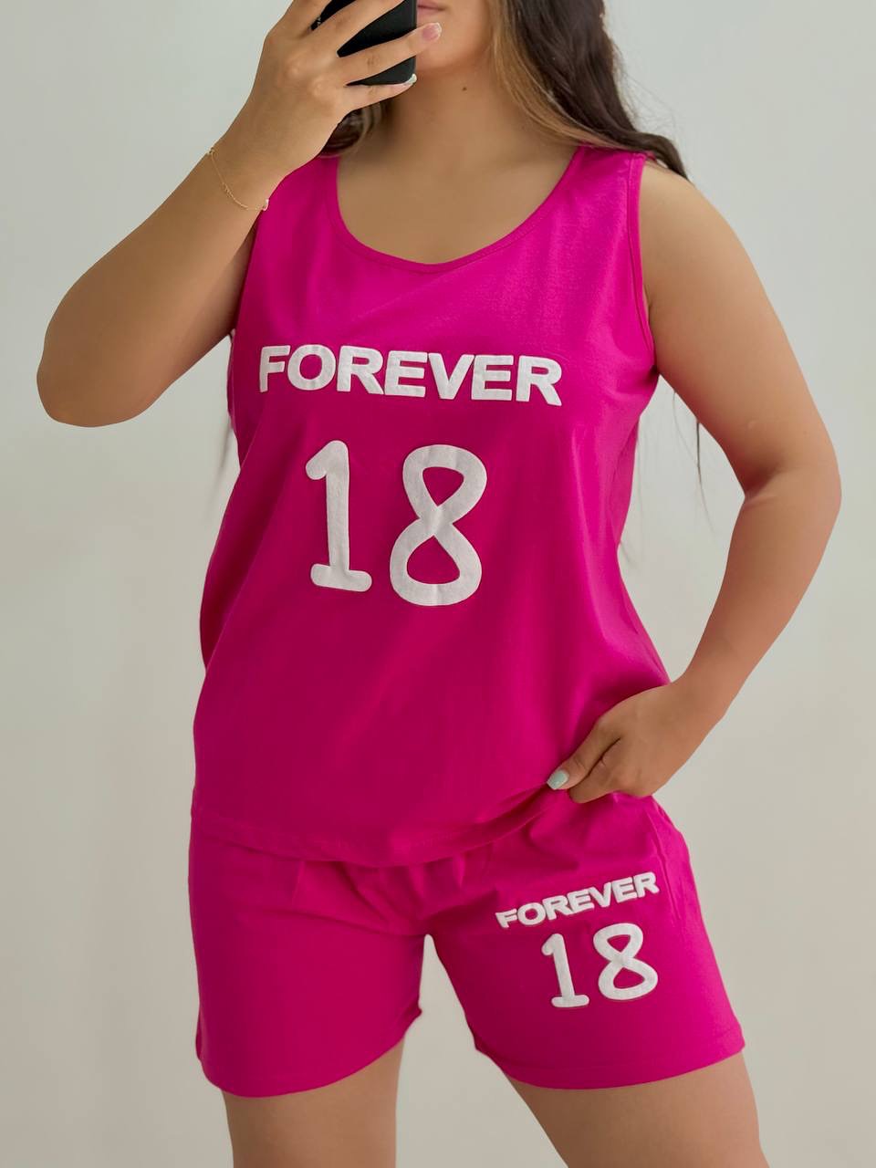 ست تاپ شورتک فری سایز طرح فوراور۱۸ فری ازسایز۳۶ تا۵۰